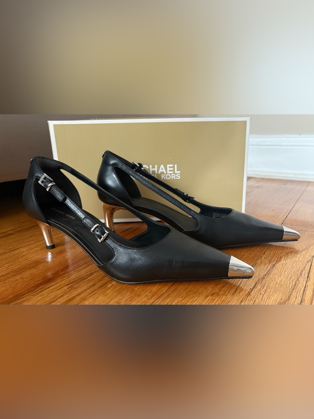 MICHAEL Michael Kors Black Leather Pointed Toe Slingback Kitten Heels